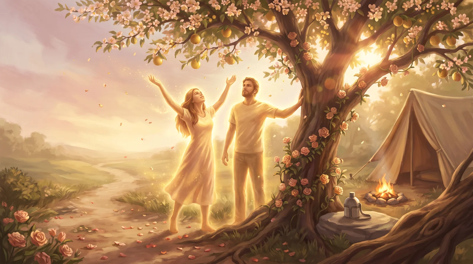 A man and a woman beside a flowering rose tree, arms raised, gold dust around them, a path curving into the light